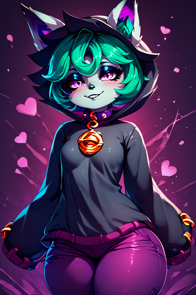 score_9, score_8_up, score_8, medium breasts, (curvy), cute, eyelashes,       BREAK, ,  zzVex, pink eyes, green hair, bangs, short hair, grey skin, colored skin, black hood, hood up, ears through headwear, white animal ears, black shirt, purple collar, golden ornament, long sleeves, sleeves past wrists, purple pants,  <lora:Vex_PDXL:1.0>,, BREAK, smile, looking at viewer, cowboy shot, ,,, embedding:zPDXL, Expressiveh, ,,, <lora:Zankuro_Style_PDXL:0.8> <lora:SDXLFaeTastic2400:0.5>, <lora:Expressive_H-000001:0.4>,