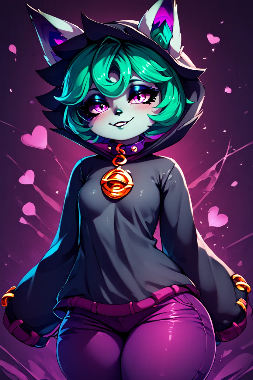 score_9, score_8_up, score_8, medium breasts, (curvy), cute, eyelashes, BREAK, , zzVex, pink eyes, green hair, bangs, short hair, grey skin, colored skin, black hood, hood up, ears through headwear, white animal ears, black shirt, purple collar, golden ornament, long sleeves, sleeves past wrists, purple pants, <lora:Vex_PDXL:1.0>,, BREAK, smile, looking at viewer, cowboy shot, ,,, embedding:zPDXL, Expressiveh, ,,, <lora:Zankuro_Style_PDXL:0.8> <lora:SDXLFaeTastic2400:0.5>, <lora:Expressive_H-000001:0.4>,