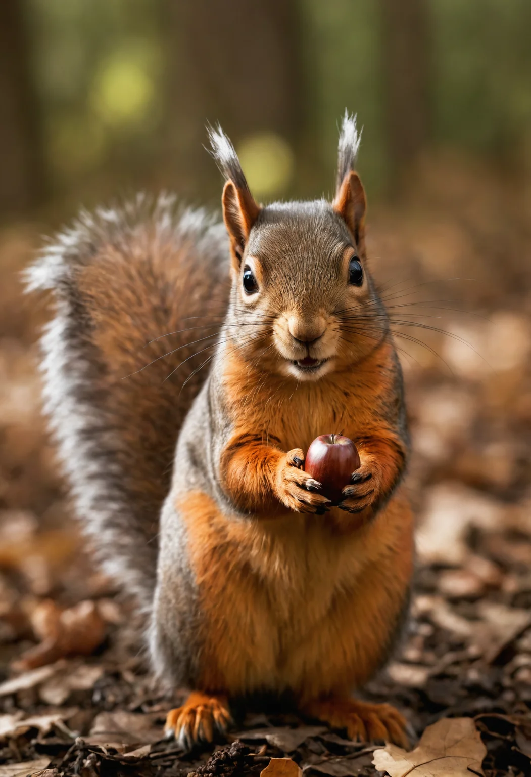 blurry, award winning wildlife ,squirrel,holding a acorn nut,smiling ,close up photo, detailed furry hair,at the forest,facing viewer(medium long shot:1.4), 35mm film movie still, ultra photorealistic, photorealism,taken with hasselblad H6D 100c, the HCD 24mm lens, hazy mood, cinematic dramatic lighting, cold muted colors, (DOF:1.4), sharp focus, (perfect real extremely details), amazing fine detail, absurdres, hyper realistic lifelike texture, dramatic lighting