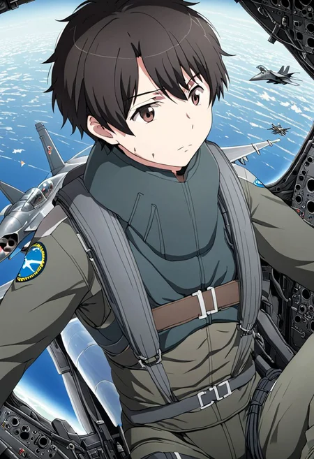 high resolution, solo, best quality, 1Boy, Inaho Kaizuka, Black hair, Brown Eyes, Pilot, Jet Fighter, Military, Military Uniform, military action, OverallDetail