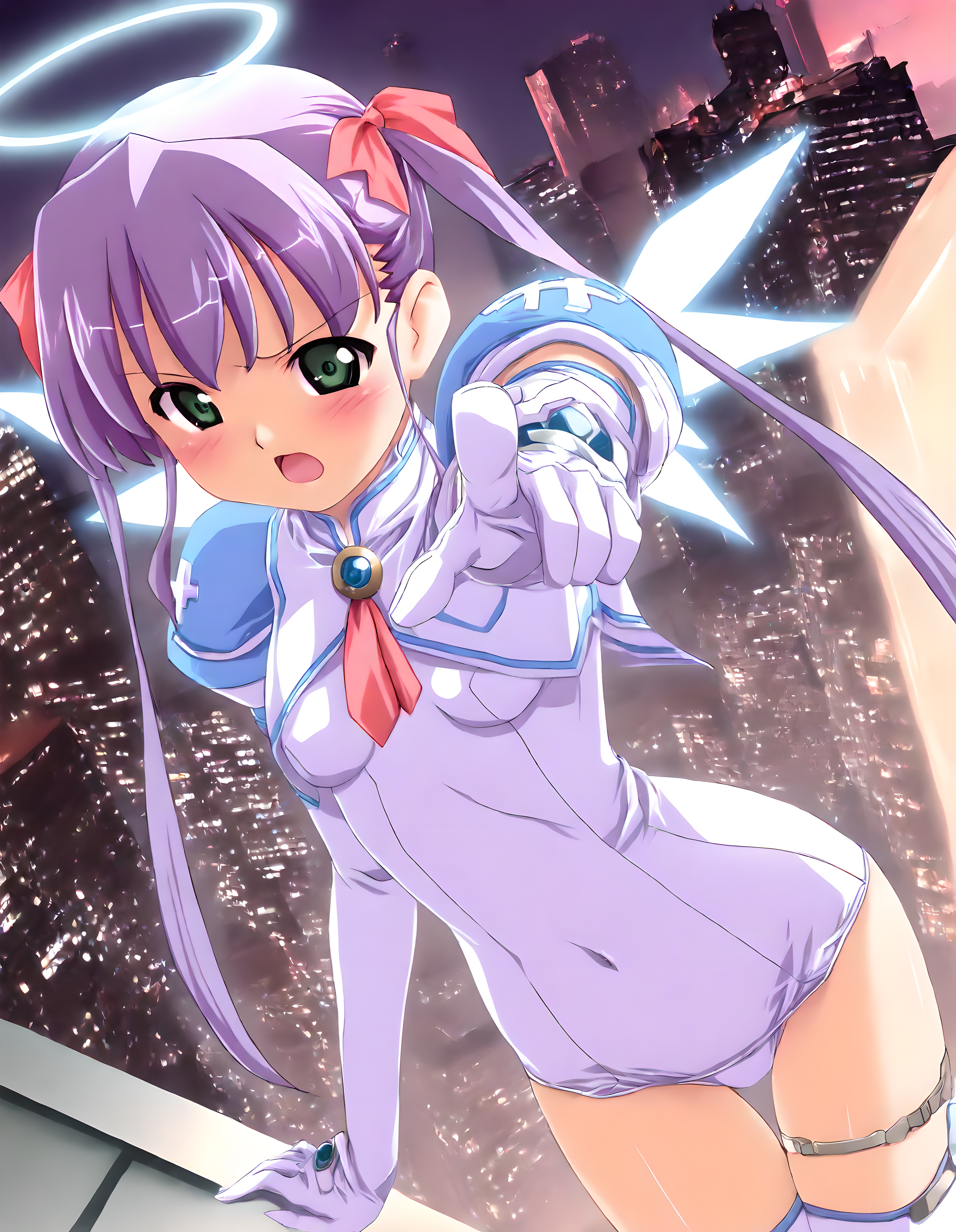 <lora:illustrious_XL_hikari:0.9>,hikari,masterpiece,best quality,good quality,newest,huge filesize,1girl,solo,{h crime forgiveness!},angel,purple hair,green eyes,white one-piece swimsuit,covered navel,puffy short sleeves,shoulder armor,shoulder pads,necktie,white gloves,elbow gloves,white thighhighs,thigh strap,thighlet,thigh boots,thigh gap,brooch,gem,halo,glowing wings,city,rooftop of the building,cityscape,cocked eyebrow,serious,open mouth,pointing_at_viewer,arm_at_side,standing,looking_at_viewer,front view,