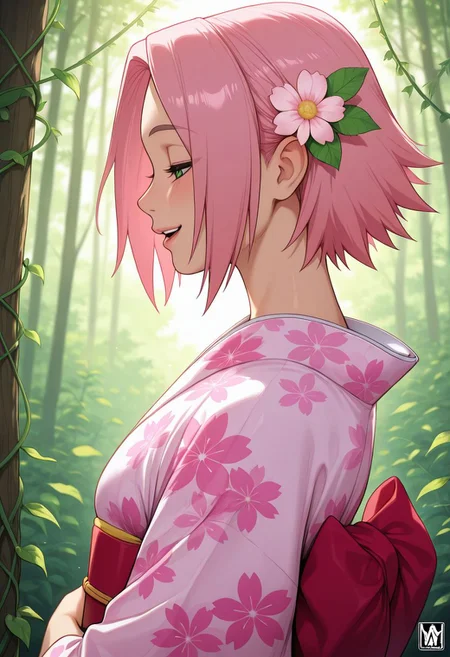 score_9, score_8_up, score_7_up, score_6_up, score_5_up, score_4_up, melkor mancin style, 1girl, solo, from side, haruno sakura, pink hair, short hair, wearing kimono, floral kimono, side view, flower on ear, happy, rating_safe, sfw, detailed, forest background, vines, leaves