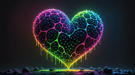 Color scheme of neon pink, neon blue, neon yellow, neon green, red-black gradient background, with a black heart in the upper left corner and a black heart in the lower right corner, dynamic lighting, super detailed complex gothic graphics with Artstation Unreal Engine 5 color processing trends, detailed matte painting, deep color, fantasy, intricate details, splash, complementary colors, fantasy concept art, 8k resolution, gothic masterpiece <lora:sss:0.8> <lora:Neon_Splash:0.45> ais-nnsplsh <lora:EnvyTrypophobiaXL01:0.3> trypophobia <lora:GigerRainbowXL:0.29> g1h3r, subsurface scattering, Photorealistic, Hyperrealistic, analog style, realistic, film photography, soft lighting, heavy shadow