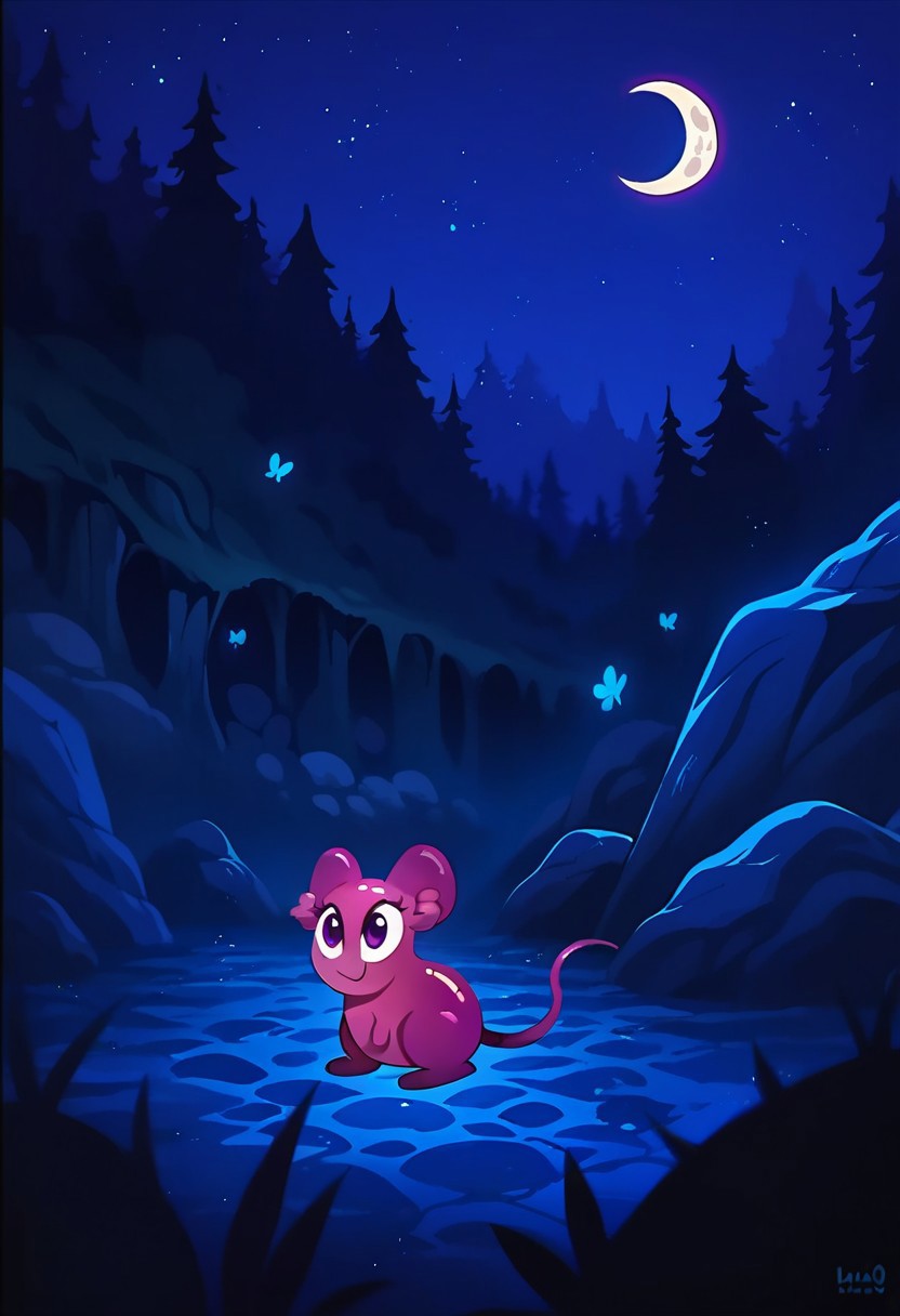 BREAK score_9, score_8_up, score_7_up, source_anime, 1girl, solo, (no hair), view front, Penny_Mouse, feral, mouse, purple skin, shiny skin, big ears, two horns, purple eyes, tail, (no hair), forest, rocks, night, moon, smile, closed mouth,