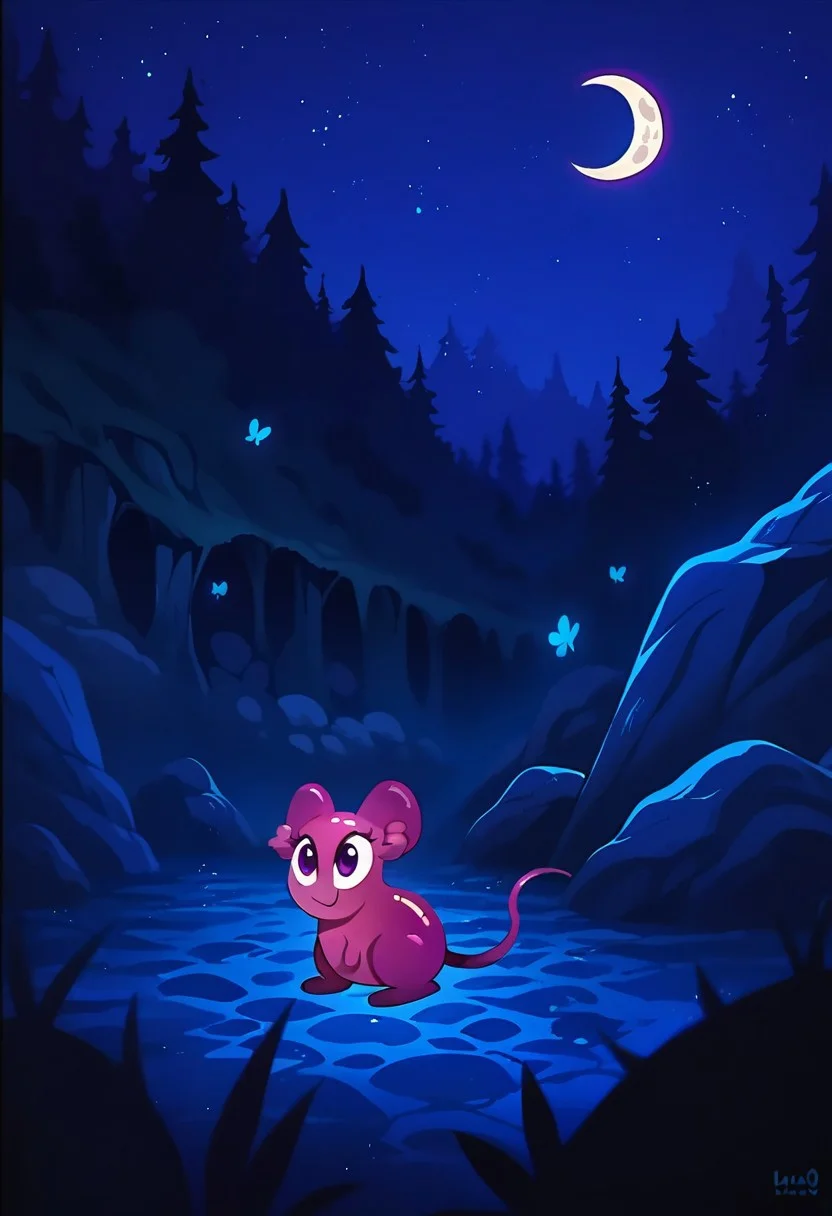 BREAK score_9, score_8_up, score_7_up, source_anime, 1girl, solo, (no hair), view front, Penny_Mouse, feral, mouse, purple skin, shiny skin, big ears, two horns, purple eyes, tail, (no hair), forest, rocks, night, moon, smile, closed mouth,