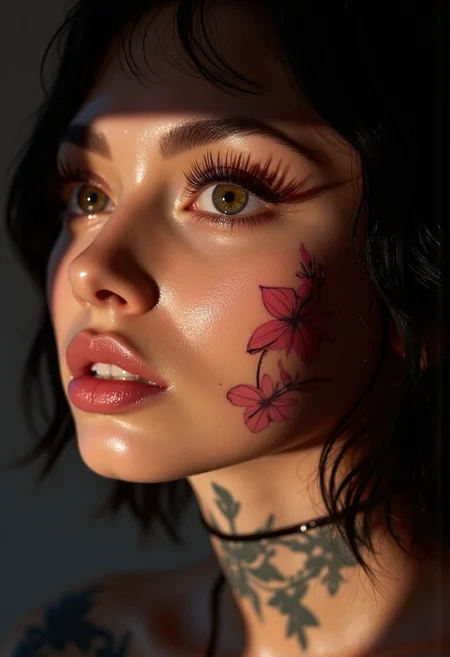 Hyperrealism, extreme close-up Portrait of a beautiful, stunning unique female character. She has large glowing eyes filled with joy and excitement, extravagant eyelashes, making this image a masterpiece of photography and digital art. Style: realistic hyper-detailed rendering, 32k UHD, expressive eyes, punk, graphic design, pink hibiscus tattoo, girl's face, side view, pretty and cute, gleaming lips, white skin, telling a tale of adventure. Exuding confidence and serenity. Vibrant tattoos adorn her sun-kissed skin. dramatic lighting, dark theme, low key. a ray of light falls on the left side of the face