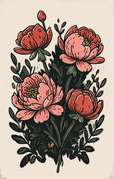 masterpiece,best quality,<lora:tbh10-sdxl:0.9>,illustration, decaying peonies