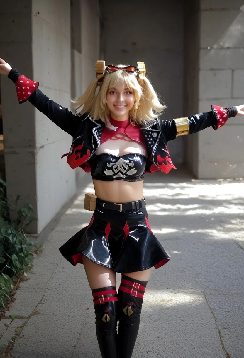 score_9, score_8_up, score_7_up, score_6_up BREAK Burn1ce, 1girl, solo, eyewear on head, outstretched arms, looking at viewer, smile, walking, breasts, bird dance up