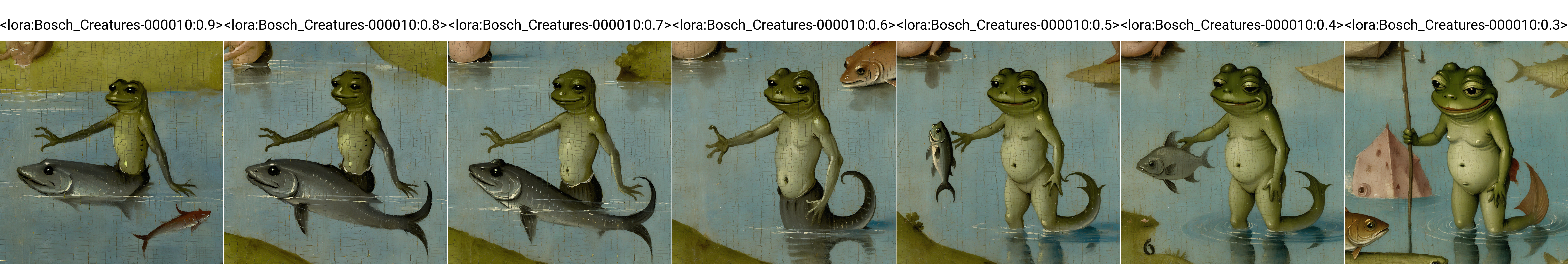 <lora:Bosch_Creatures-000010:0.9> Hieronymus Bosch Creature Style, Bosch_Creatures, cracked paint texture, portrait of (pepe the frog:1.2), fish body, water, cherub, baby, merman