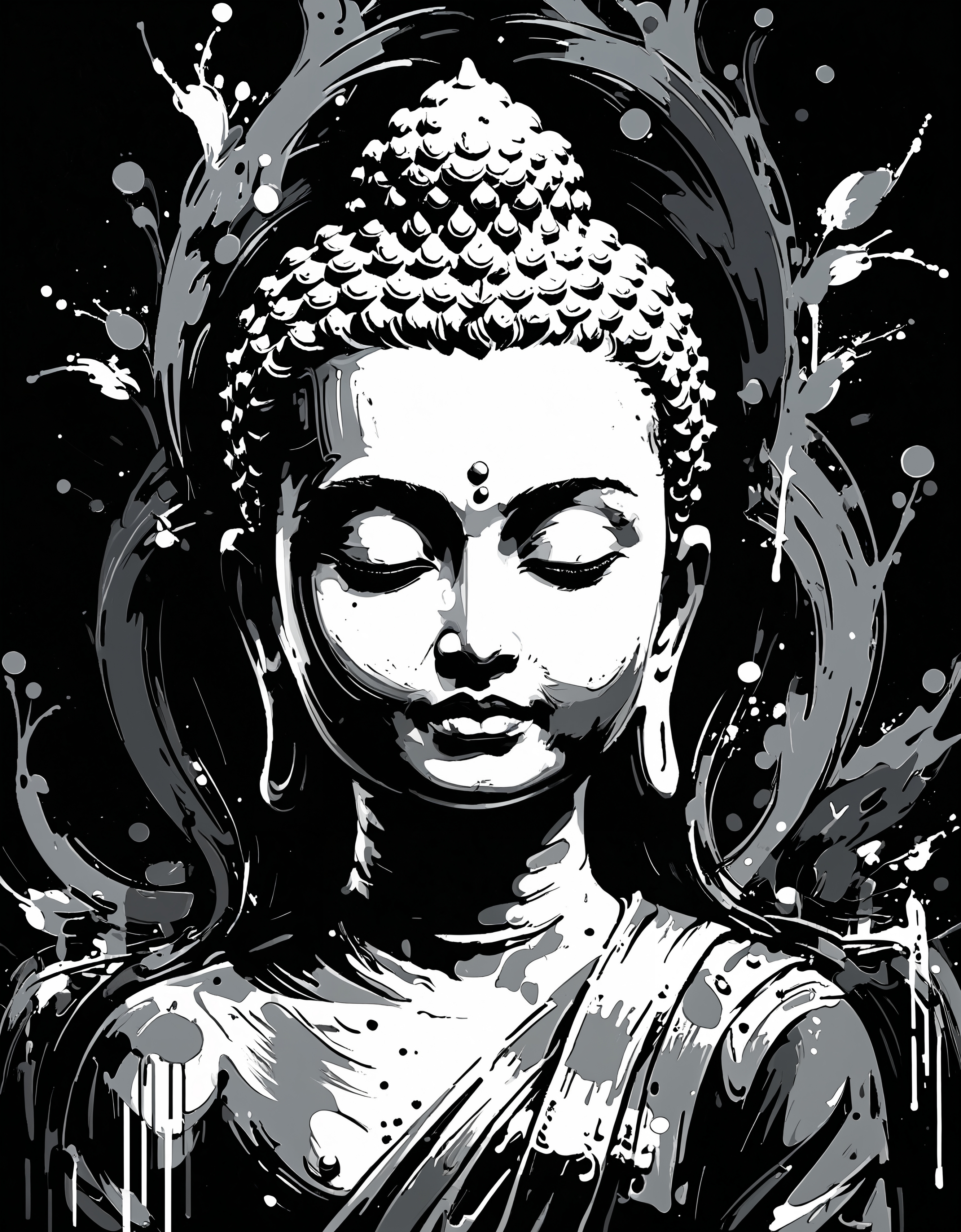 zavy-ngtvpnt, negative space, minimalism, painting, Lesser Crowned "The Birth of Buddha", Grayscale, rich deep colors, glossy, painterly, beautiful composition, quality, dramatic, cute, deep rich colors, intricate artistic color, deep aesthetic, intricate detail, ambient illumination, beautiful elegant, magical