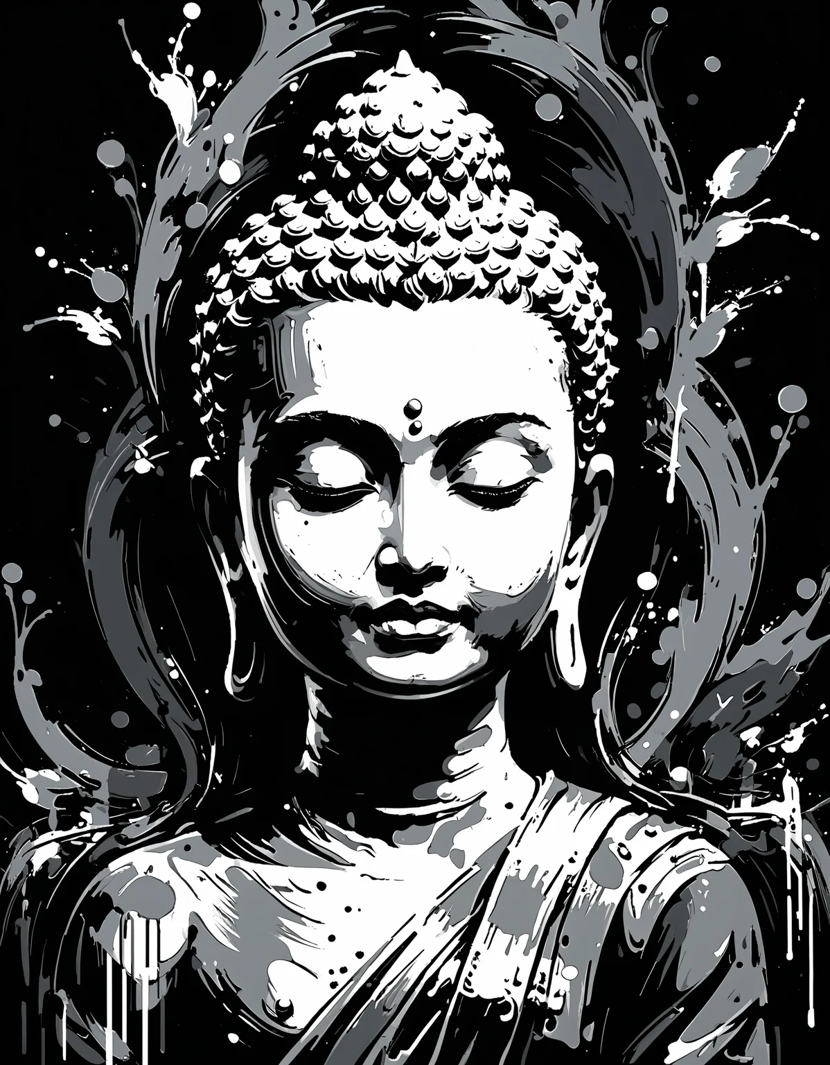 zavy-ngtvpnt, negative space, minimalism, painting, Lesser Crowned "The Birth of Buddha", Grayscale, rich deep colors, glossy, painterly, beautiful composition, quality, dramatic, cute, deep rich colors, intricate artistic color, deep aesthetic, intricate detail, ambient illumination, beautiful elegant, magical