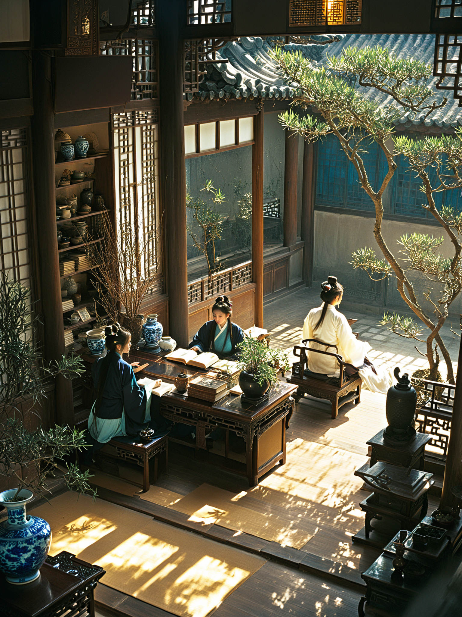 chaloujiusi,scenery,tree,plant,multiple boys,sitting,window,table,potted plant,hat,vase,book,architecture,long hair,indoors,chair,long sleeves,east asian architecture,painting (object),robe,black hair,facing away,lattice,multiple girls,book stack,old,short hair,hair bun,sunlight,wooden floor,shelf,single hair bun,chinese_hanfu_clothes,