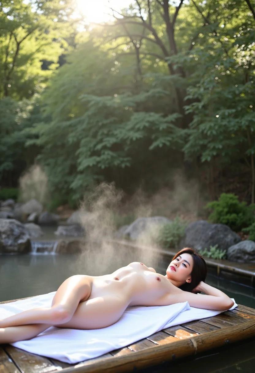 A high-resolution photograph capturing a serene outdoor scene at a traditional Japanese onsen, nestled in a tranquil natural setting with lush greenery and the gentle sound of flowing water. The focal point is a ((nude Japanese woman)) in her mid-twenties, exuding calm and rejuvenation, lying on her back on a ((white towel placed on a natural wooden platform)) next to the onsen. She has a petite yet hourglass physique, small but well rounded breasts, fair skin, and short, dark hair framing her face. Her hand resting behind her head, reflecting deep relaxation. Soft steam rises from the mineral-rich hot spring, creating a misty ambiance, with damp rocks and foliage in the background. The late afternoon sun filters through the trees, casting a warm, diffused glow over the scene, highlighting the harmony between the human form and nature. The composition emphasizes the cultural significance of the onsen as a space for physical and spiritual renewal, with a tranquil, timeless mood. Only_Towel