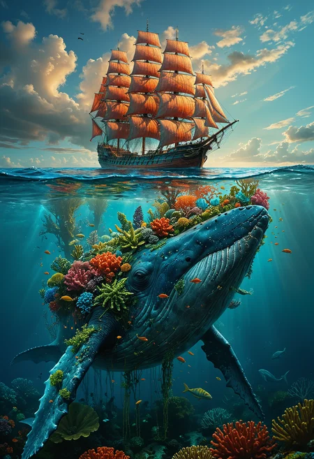 surreal scene, a massive whale is depicted with an ecosystem on its back. The whale's back has a variety of marine life like coral and vegetation growing on it, Above the water an old-fashioned three-masted ship sails, The water's surface is clear, dramatic lighting and vibrant colors, fantastical, dreamlike quality, <lora:MJ52:0.4>, <lora:add-detail-xl:1>, <lora:SDXLFaeTastic2400:0.2>, <lora:zavy-cntrst-sdxl:0.5>