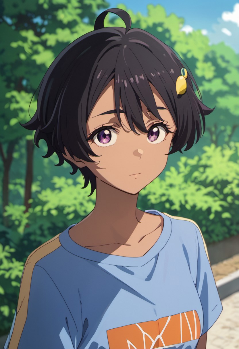 score_9, score_8_up, score_7_up, source_anime,yakishio remon, black hair, short hair, purple eyes, dark skin, dark-skinned female, solo, 1girl, outdoors, hair ornament, shirt, blue shirt, day, upper body, looking at viewer, ahoge