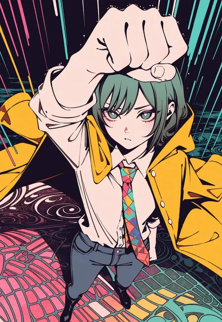 realistic, solo, male focus,
(from above, foreshortening), arm up, fist, outdoors, rain, standing_on_one_leg, looking up, :c, bowlegged, bright pupils,
yellow raincoat on shoulders, (colorful_necktie), (spot_color, partially colored), white collared shirt, unbuttoned, jeans, boots, monochrome background,
[tabisumika, moshimoshibe, yadu_nadu],
masterpiece, absurdres, newest, [dynamic pose]