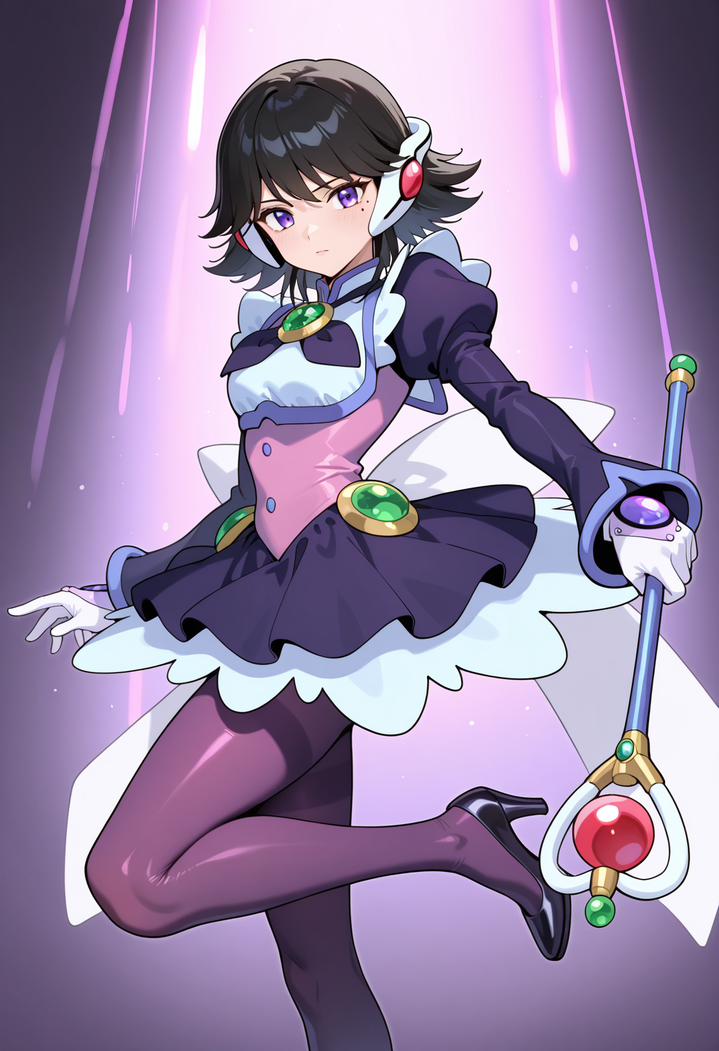 masterpiece, best quality, very aesthetic, absurdres, 1girl, solo,
<lora:corrector_ai_fairy_v01:0.9>, corrector_ai, fairy_element_suit, black hair, short hair, mole under eye, purple eyes,
magical girl, headgear, dress, long sleeves, puffy sleeves, brooch, bow, white gloves, purple pantyhose, high heels, holding wand, posing