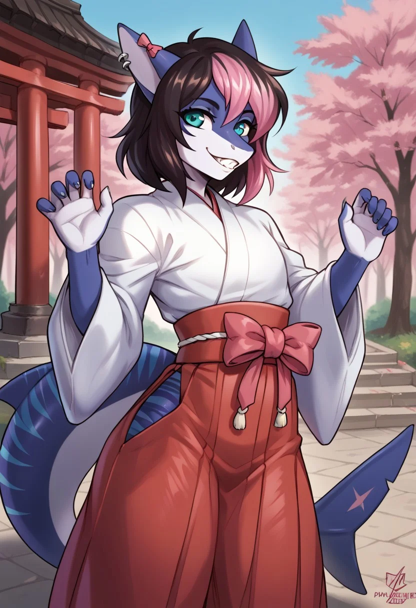 drawpanther_style,score_8_up, score_7_up, solo, moonlitepxl, femboy,solo, anthro shark,medium hair, multicolored hair, dark hair, pink hair,bow, stripes on body, turquoise eyes, BREAK,cute, japanese clothes, hakama skirt, white kimono, red hakama, long sleeves, wide sleeves, cute pose, Japanese temple background, smile,
