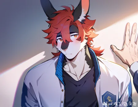 score_9, score_8_up, score_7_up, best quality, amazing quality, best aesthetic, amazing aesthetic, 2023, duo, solo focus, 1boy, furry male, rabbit boy, muscular, black body, blush, shy, looking to the side, medium hair, bangs, red hair, orange eyes, varsity jacket, pov hands, kabedon, <lora:KabedompovPonyXL:1.2>, wall \(structure\), school hallway
