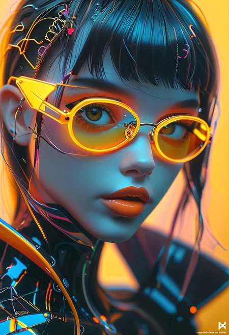 Similar graph, a cyberpunk girl, Wear clear neon glasses, cyberpunk., golden ratio details, 32k uhd, fantasy, cyberpunk, intricate, decadent, highly detailed, digital painting, ever after high, octane render, artstation, concept art, smooth, sharp focus, illustration, art by artgerm, loish, wlop. (heartwarming, uplifting, charming), (UHD, masterpiece, detailed eyes, detailed face, highest quality), (light leaks, subsurface scattering, rim light, beautiful lighting and shading, deep background, vibrant complementary colors, sharp focus)