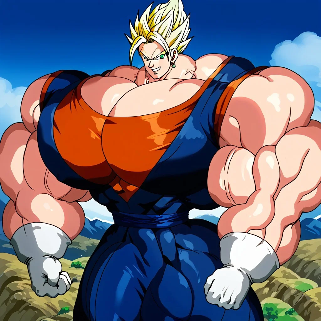 tight clothing,male, man, 1man, vegito, buff vegito, blond hair, spiky hair, Green Eyes, angry smile, white teeth, round earrings, white gloves, fists, orange shirt, blue sleeveless vest, hyper muscles, huge muscles, massive muscles, big muscles, flexing arms, muscle plexus pose, blue belt blue pants, hyper pecs, huge pecs, massive pecs, muscular pecs, mountains and vegetation in the background, upper body, shadows, shading hyper deltoids, massive deltoids, lock of hair, yellow eyebrows, gay , yaoi, bulges, pectoral ,(classic style)