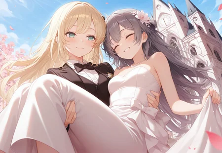 blue sky, church, 2girls, from below, princess carry, sky striker ace - raye, smiling, half eyes closed, wearing Jedfmt, formal tuxedo, bow tie, vest, sky striker ace - roze, wedding dress, ponytail, blush, embarressed, flower petals,
masterpiece,best quality,amazing quality,very aesthetic,absurdres,newest,