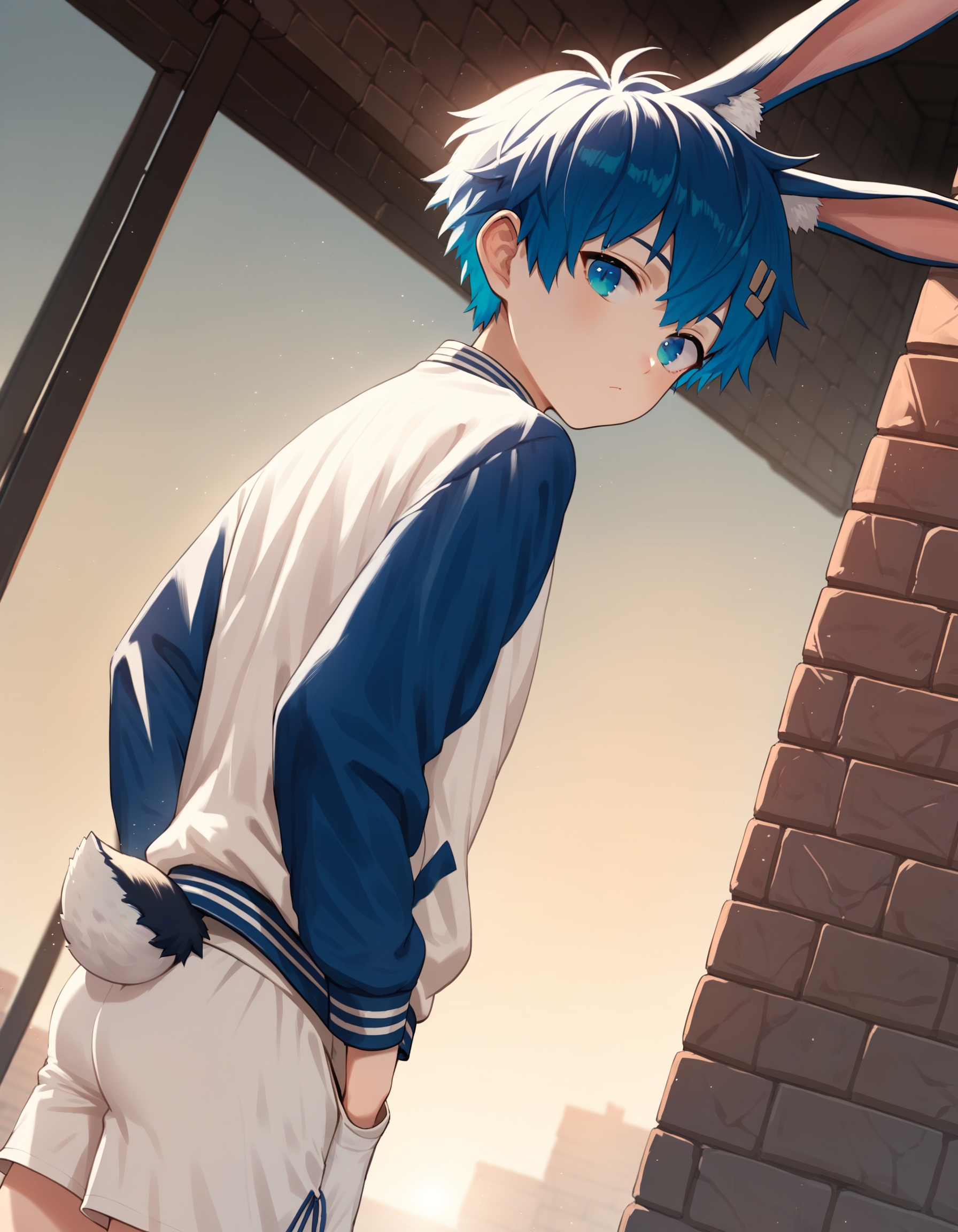 score_9, score_8_up, score_7_up, score_6_up, source_anime, indoors, brick wall, sunset, backlighting, dutch angle, 1boy, solo, blue hair, blue eyes, multicolor eyes, looking at viewer, letterman jacket, rabbit ears, rabbit boy, rabbit tail, white shorts <lora:luye-yuan_PDXL_v2-ShoAI:1>