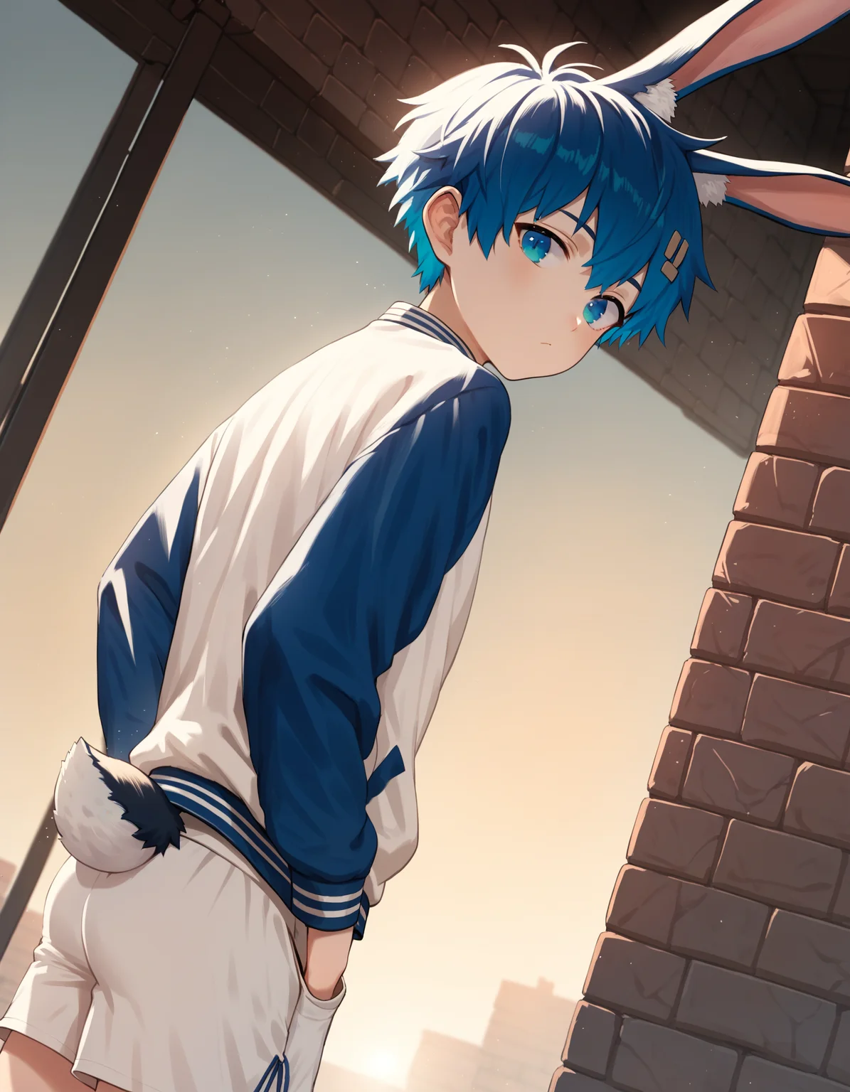 score_9, score_8_up, score_7_up, score_6_up, source_anime, indoors, brick wall, sunset, backlighting, dutch angle, 1boy, solo, blue hair, blue eyes, multicolor eyes, looking at viewer, letterman jacket, rabbit ears, rabbit boy, rabbit tail, white shorts <lora:luye-yuan_PDXL_v2-ShoAI:1>