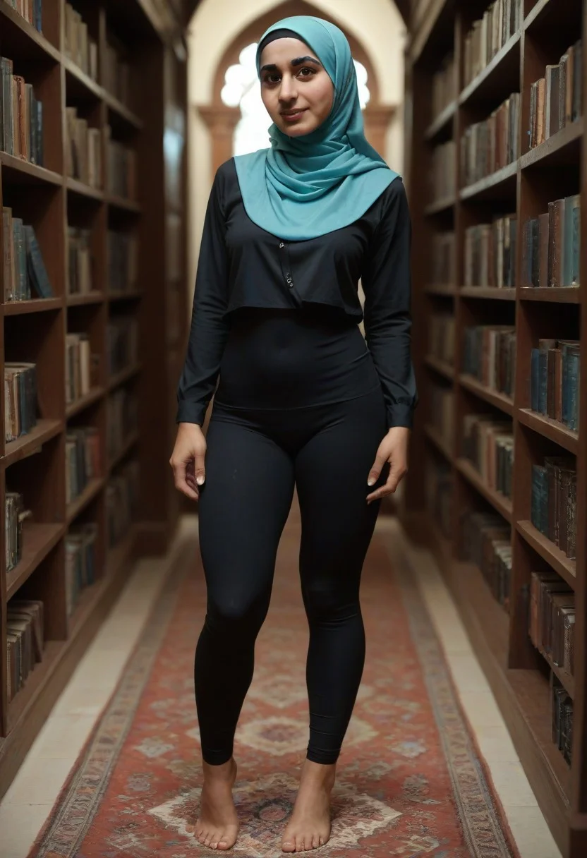 score_9, score_8_up, score_7_up, masterpiece, best quality, ultrarealistic, photorealistic, (score_9, score_8_up, score_7_up), score_9, score_8_up, score_7_up, 1girl, female, hijab, sexy thick legs, big booty, tight leggings, in the library, full body sexy pose