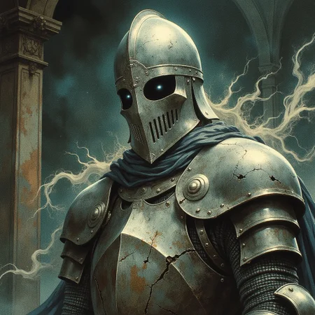 A ghostly figure in ancient armor hovers in a dimly lit room, The armor, tarnished and weathered with time, clings to the ghostly figure, with cracks and gaps revealing the misty, swirling essence within. The ghost eyes peer out from beneath a dented helmet. Long, tattered remnants of a cloak drift weightlessly behind it as if caught in a perpetual wind. The armor's metal clinks faintly, echoing in the silence, while the ghost hovers silently, its presence both haunting and regal in the desolate space, cowboy shot