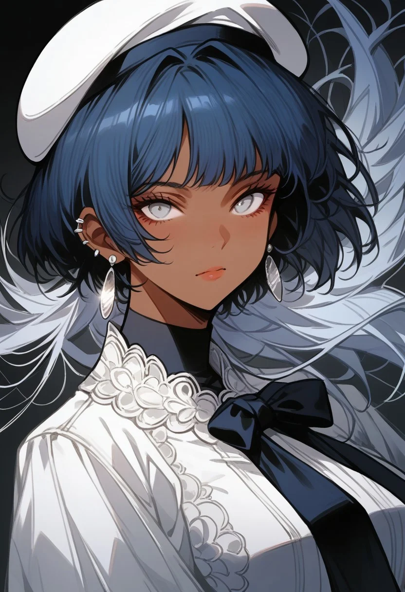 score_9, score_8_up, score_7_up, score_6_up, ch33s3, easynegative, anime, beautiful, stunning, 1 girl, solo,
dark skin, midnight blue hair, silver eyes, bob cut, white blouse, a silver beret, and dangle earrings, huge breasts,