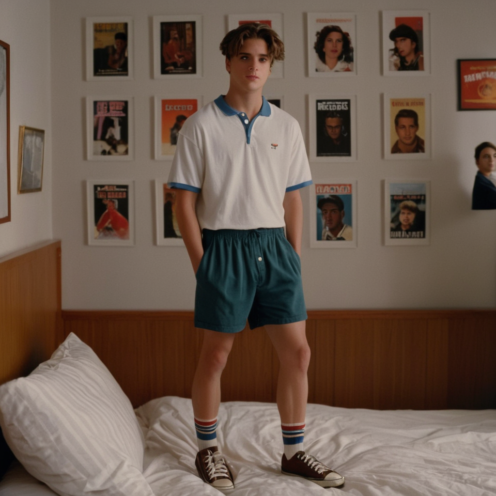 cinematic film still of  <lora:1990's style:1.2>
In the 1990's a young man standing in a bedroom next to a bed with many posters on wall,1girl,solo,brown hair,shoes,shorts,socks,striped,sneakers,realistic,poster (object) , realistic,realism, detailed, perfection,perfect,filmic,retro,vintage,classic,different haircut,different look,different style,different people, 1990's style , 1990 style, shallow depth of field, vignette, highly detailed, high budget, bokeh, cinemascope, moody, epic, gorgeous, film grain, grainy