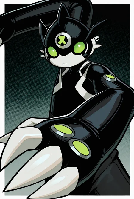 <lora:dito-08:1> dito, solo, no humans, green eyes, white claws, 1boy, black clothing, black arms, dynamic pose, big hands, masterpiece, best quality, amazing quality, very aesthetic, absurdres, newest,, upper body, halftone effect, white borders, abstract background:1.2,