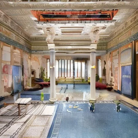 (masterpiece:1.2), (best quality,:1.2), 8k, HDR, ultra detailed, ((photorealistic)), professional light, cinematic lighting, fashion photography, ambient lighting, face lighting, <lora:detail_slider_v4:1>, Fantasy picture, OverallDetail, ancient roman room with columns and a skylight above it and a pool in the middle of the room with a blue floor, RomInt, <lora:RomanInterior-10:1>, epiCPhoto