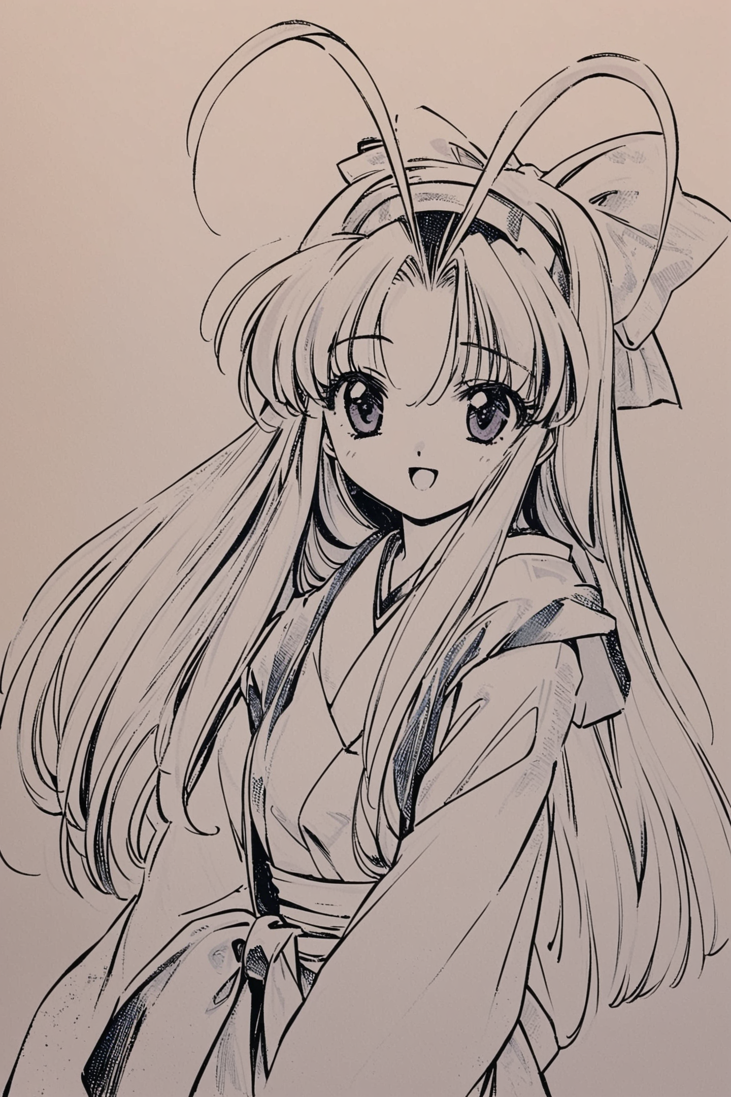 monochrome,Shaorin,1girl,solo,long hair,antenna hair,bow,hair bow,hairband,smile,open mouth,japanese clothes,1990s (style),traditional media,ballpoint pen \(medium\),<lora:Minene Sakurano_XL:0.8>,
