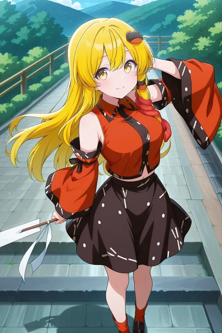 absurdres, highres, masterpiece, best quality, amazing quality, official anime artwork, screencap, anime screencap, indoors, 
<lora:Sanae-Kochiya_IllustriousV2:1> kochiya sanae, 1girl, solo, yellow eyes, blonde hair, long hair,, kochiya sanae \(human-deity duality\), alternate hair color, alternate eye color, red shirt, collared shirt, detached sleeves, wide sleeves, midriff, black skirt, red socks, black shoes, loafers, holding gohei, black frog hair ornament, red snake hair ornament,