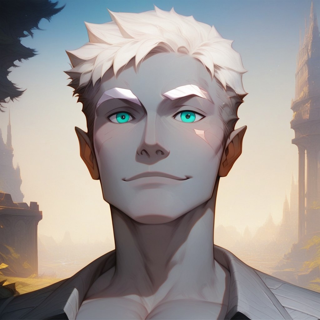 (score_9, score_8_up:1.1), score_7_up, score_9, score_8_up, score_8, score_7_up, dynamic angle, ((full body)), masculine, relaxing, leaning on riverbank, 1boy, solo, sexy, athletic, vox machina style, solo, warlock, fantasy, forest background, (dynamic lighting:1.1) ((masterpiece)), detailed eyes, (((detailed iris))), pupils, perfecteyes, perfect eyes, best quality, ((masterpiece)), sharp cheekbones, gaunt face, defined cheekbones, 28 years old, (adult, mature), hard face, slight smile, ((thin lips)), (half_elf:0.5), dark elf, (((grey skin))), ((((white hair)))), (((short hair))), professional, (legion haircut), (short cut sides), (short bangs), (((white eyebrows))), light eyebrows, ((((pale grey ((((short)))) tipped ears)))), pointed_ears:0.5, ((short pointed ears)), eyebrow scar on left side of face, cheek scar, ((detailed turquoise eyes))