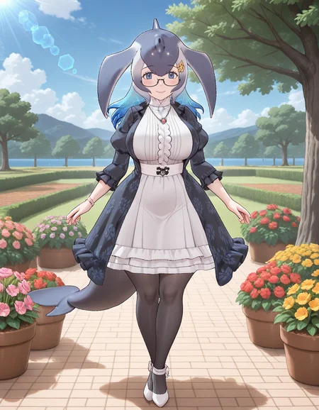 1girl, <lora:blue_whale_kf_ilxl_v1:1>, blue whale \(kemono friends\), whale girl, cetacean tail, tail, extra ears, fins, head fins, multicolored hair, two-tone hair, gradient hair, grey hair, white hair, blue hair, dark blue hair, long hair, hair between eyes, hairclip, hair ornament, anchor hair ornament, japari symbol, glasses, semi-rimless eyewear, blue eyes, large breasts, wide hips, thick thighs, curvy, mature female, bwkf2nd, jacket, dress, collared dress, high collar, frilled dress, black dress, open dress, white dress, puffy sleeves, long sleeves, puffy sleeves, frilled sleeves, floral print, center frills, jewelry, necklace, wristband, flower, pantyhose, black pantyhose, shoes, high heels, footwear bow, white footwear, tachi-e, full body, standing, blush, smile, looking at viewer, garden, tree, blue sky, cloud, outdoors, lens flare, sunlight, <lora:StS_Age_Slider_Illustrious_v1_0:2>, masterpiece, best quality, very aesthetic, absurdres,