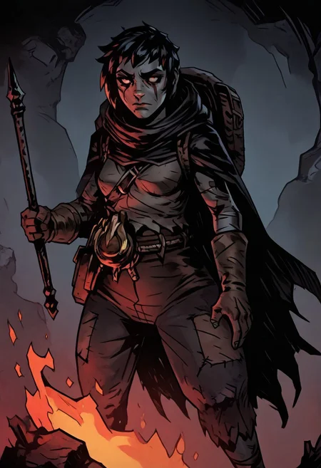 masterpiece, best quality, newest, absurdres, highres,
TTCSV1.0, arbuz_budesh,
1girl, DDRAW-V1.0, cape, black hair, short hair, small breasts, backpack, rags, weapon, holding weapon, fire,