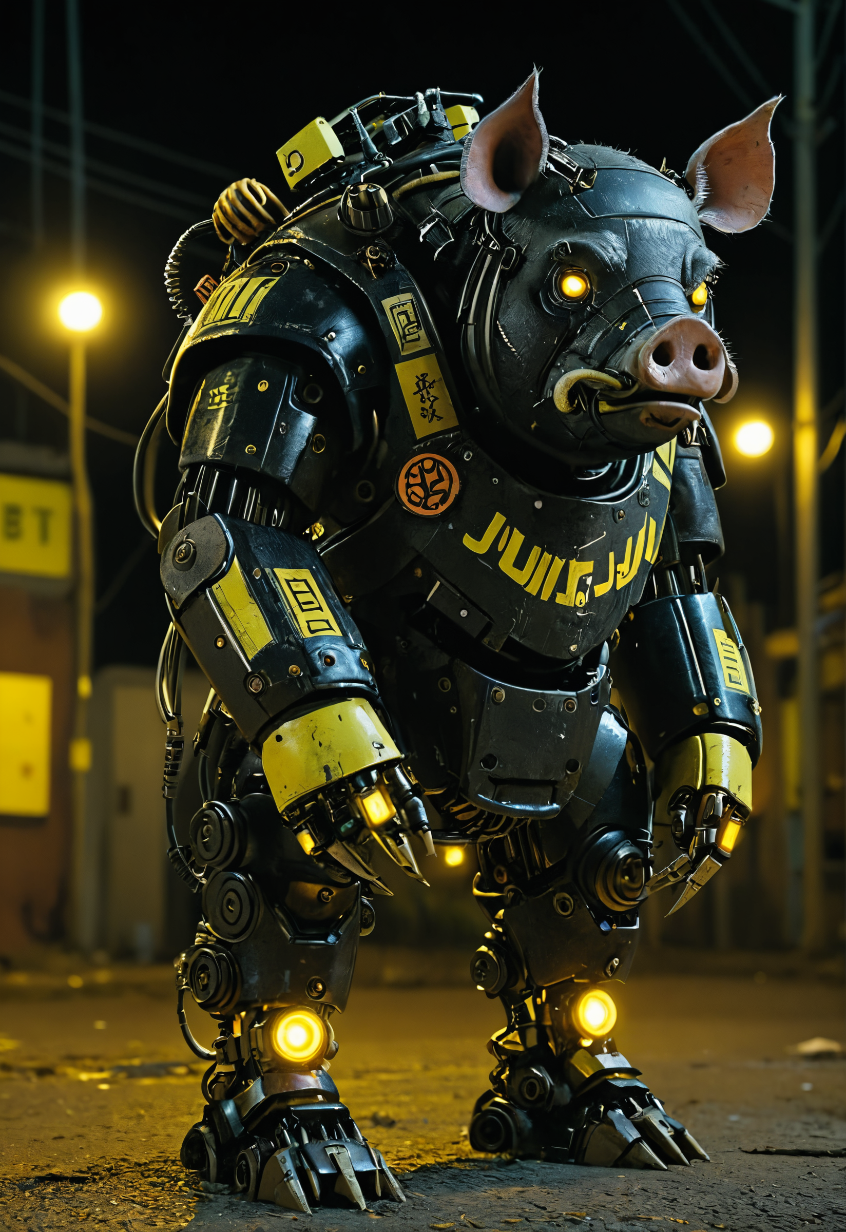black pig robot, at night, frontal view, yellow glow in the dark color scheme,documentary style realism, responsibility, high saturation, dark atmosphere,scary atmosphere,  Junji lTO, Chinese Punk, <lora:add-detail-xl:1>  <lora:Cyberpunk _Anime_sdxl:1>