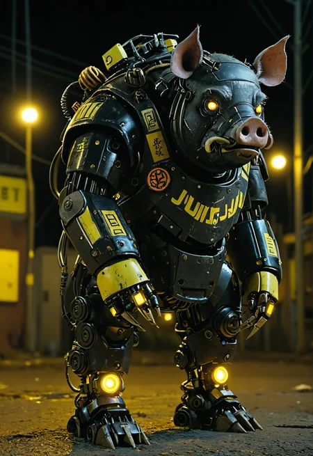 black pig robot, at night, frontal view, yellow glow in the dark color scheme,documentary style realism, responsibility, high saturation, dark atmosphere,scary atmosphere, Junji lTO, Chinese Punk, <lora:add-detail-xl:1> <lora:Cyberpunk _Anime_sdxl:1>