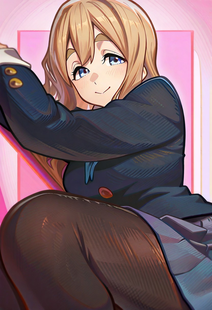 masterpiece,best quality,amazing quality, newest, absurdres, highres, Mevak_PS, Ramme_CL, Ramme, two-tone background, Ramme_CL, Ramme, 1girl, school uniform, winter uniform, kotobuki tsumugi, long hair, blue eyes, neck ribbon, blonde hair, lying, blue ribbon, v, thick eyebrows, smile, on side, looking at viewer, white shirt, blue skirt, pleated skirt, long sleeves, blue jacket, closed mouth, black pantyhose, blush, collared shirt, blazer, pink background, arms up, bangs, miniskirt, breasts, feet out of frame