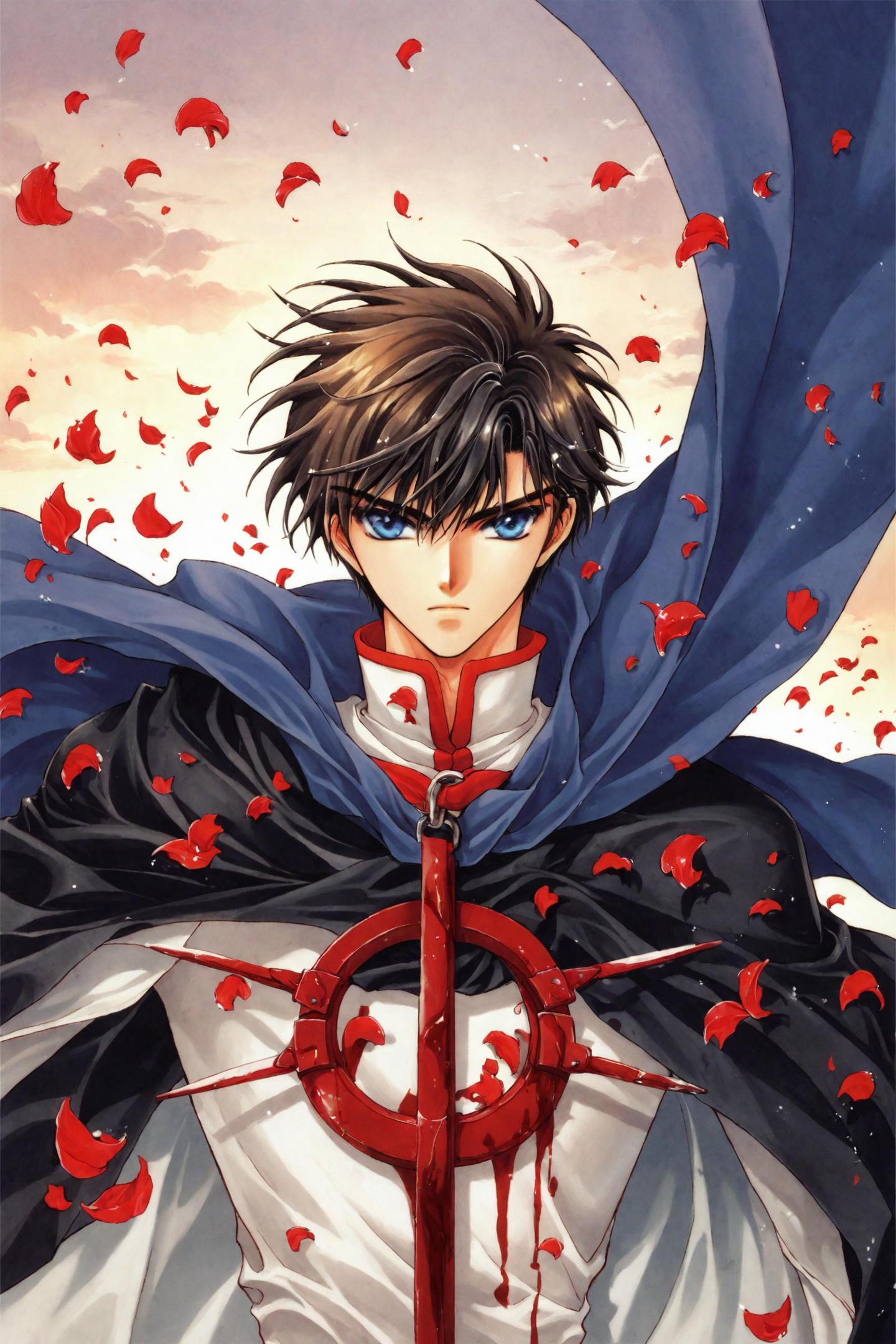 score_9,score_8_up,score_7_up,masterpiece,best quality,
X(CLAMP),
Kamui Shirou,solo,1boy,male focus,blood,petals,black hair,brown hair,blue eyes,1990s (style),bishounen,cape,serious,retro artstyle,
<lora:CLAMP_XL_PONY:0.8>,