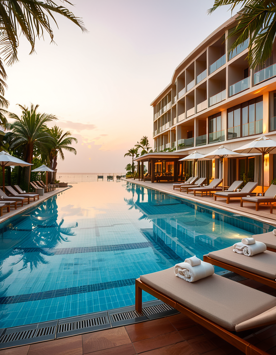 A luxurious hotel swimming pool at sunset, surrounded by elegant lounge chairs and palm trees. The crystal-clear water reflects the warm hues of the sky, creating a serene and inviting atmosphere. The pool has an infinity edge overlooking a breathtaking ocean view, with soft ambient lighting enhancing the tranquil mood. The surrounding area is immaculately maintained, with neatly arranged sunbeds, stylish umbrellas, and a sleek modern poolside bar in the background. The scene is captured in ultra-high resolution, with photorealistic details emphasizing the shimmering water, the textures of the pool tiles, and the gentle movement of palm leaves in the evening breeze.
<lora:SDXLFaeTastic2400:0.4> <lora:extremely_detailed:0.4> extremely detailed, <lora:hotel_sw1mm1ng_p00l:1>,hotel sw1mm1ng p00l, Masterpiece,best quality,hi res,8k,hi res,8k,award winning,(sharp focus, intricate, highly detailed),