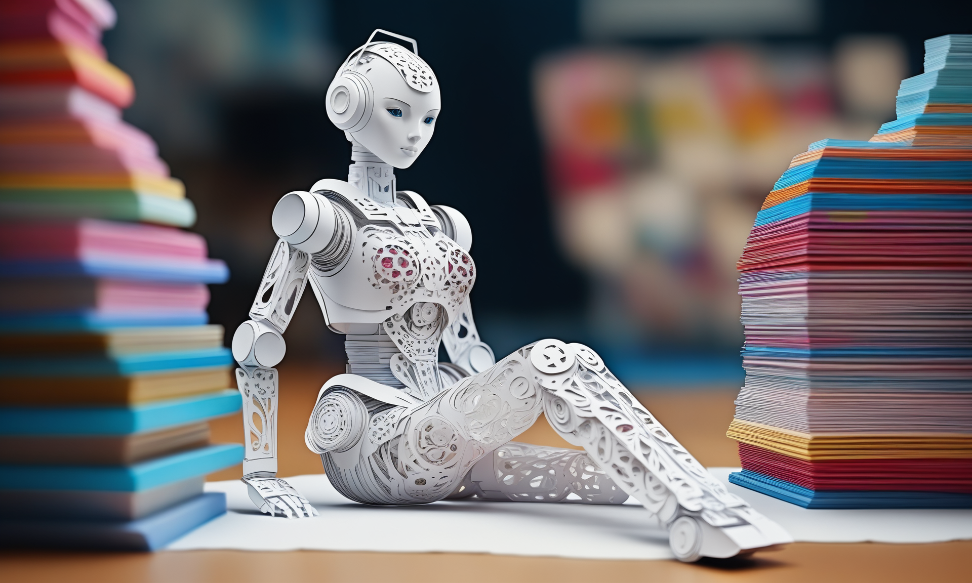 Stacked papercut art of <lora:papercarvingcd_xl-000005:0.6>,a female robot made of papercarvingcd_xl on floor,colorful,full body,miniature,tilt-shift,indoors,mecha,looking at viewer,front view,8K,HDR,UHD,masterpiece,best quality,highly detailed,high resolution,finely detail,extremely detailed,ultra detailed,wallpaper . 3D, layered, dimensional, depth, precision cut, stacked layers, papercut, high contrast