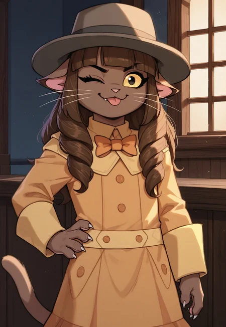 safe_pos, score_9, score_8_up, score_7_up, score_6_up,source_anime, cinematic shadow, cinematic light, cute and sensitive, soft skin, characters focus, detailed eyes, detailed skins,rating_explicit,ivy, brown long hair,braids,blunt bangs,black eyes, colored sclera, yellow sclera, no human, furry, brown furr, cat ears,solo, younger, standing, smile,claws,ivydress, orange bowtie,yellow coat, brown headwear, one eye closed, smirk, tongue, cowboy shot, dynamic pose
