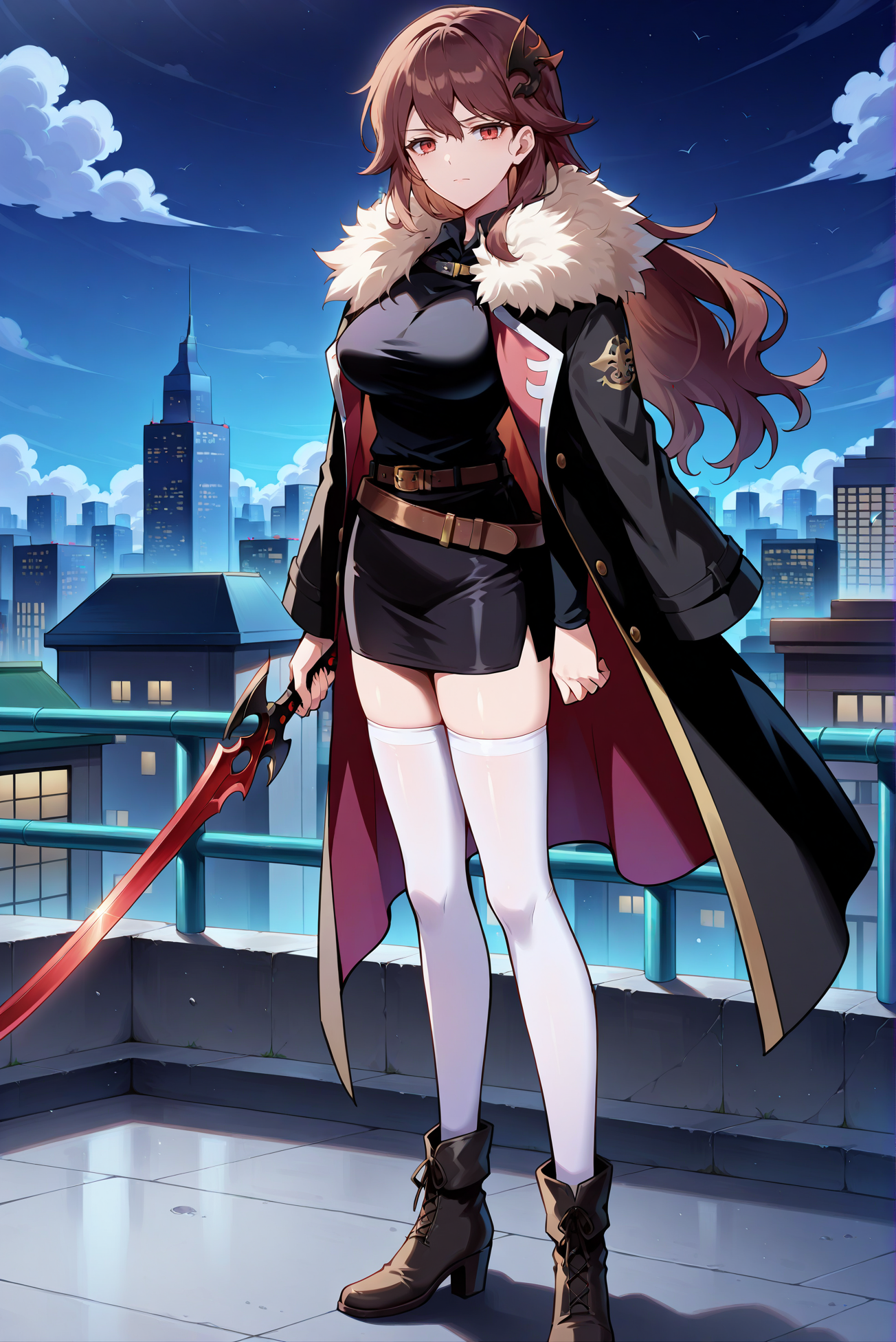 masterpiece, best quality, anime, 2d, 1girl, (slender, anime screencap, large breasts:1.4), solo, ms luska, <lora:Luska-ILXL-V1:1>, 
BREAK (brown hair, long hair, hair ornament), outdoors, city, rooftop, <lora:StS_Age_Slider_Illustrious_v1:2>
BREAK (fur trim, miniskirt, belt, pencil skirt, black long coat, white thighhighs, black shirt, black ankle boots, black skirt:1.4), 
BREAK (looking at viewer, standing, arms at side, from side, holding sword, red sword:1.3), (closed mouth, red eyes),