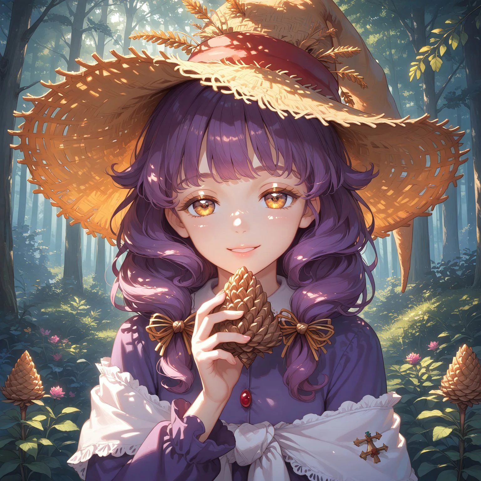 score_9, score_8_up, score_7_up, source_anime, 1girl, Rozenmarine, purple dress, shawl, witch hat, hair bow, white pantyhose, yellow shoes, glossy hair, full body shot
BREAK
masterpiece, best quality, character portrait, intricate detail, highly detailed, fine details, ambient light, soft lighting, 1girl, solo, very detailed hands, beautiful face, beautiful eyes, detailed face and eyes, half closed eyes, happy smile, glamorous, close-up, presenting a pinecone to viewer, pov from above, forest background