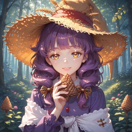 score_9, score_8_up, score_7_up, source_anime, 1girl, Rozenmarine, purple dress, shawl, witch hat, hair bow, white pantyhose, yellow shoes, glossy hair, full body shot
BREAK
masterpiece, best quality, character portrait, intricate detail, highly detailed, fine details, ambient light, soft lighting, 1girl, solo, very detailed hands, beautiful face, beautiful eyes, detailed face and eyes, half closed eyes, happy smile, glamorous, close-up, presenting a pinecone to viewer, pov from above, forest background