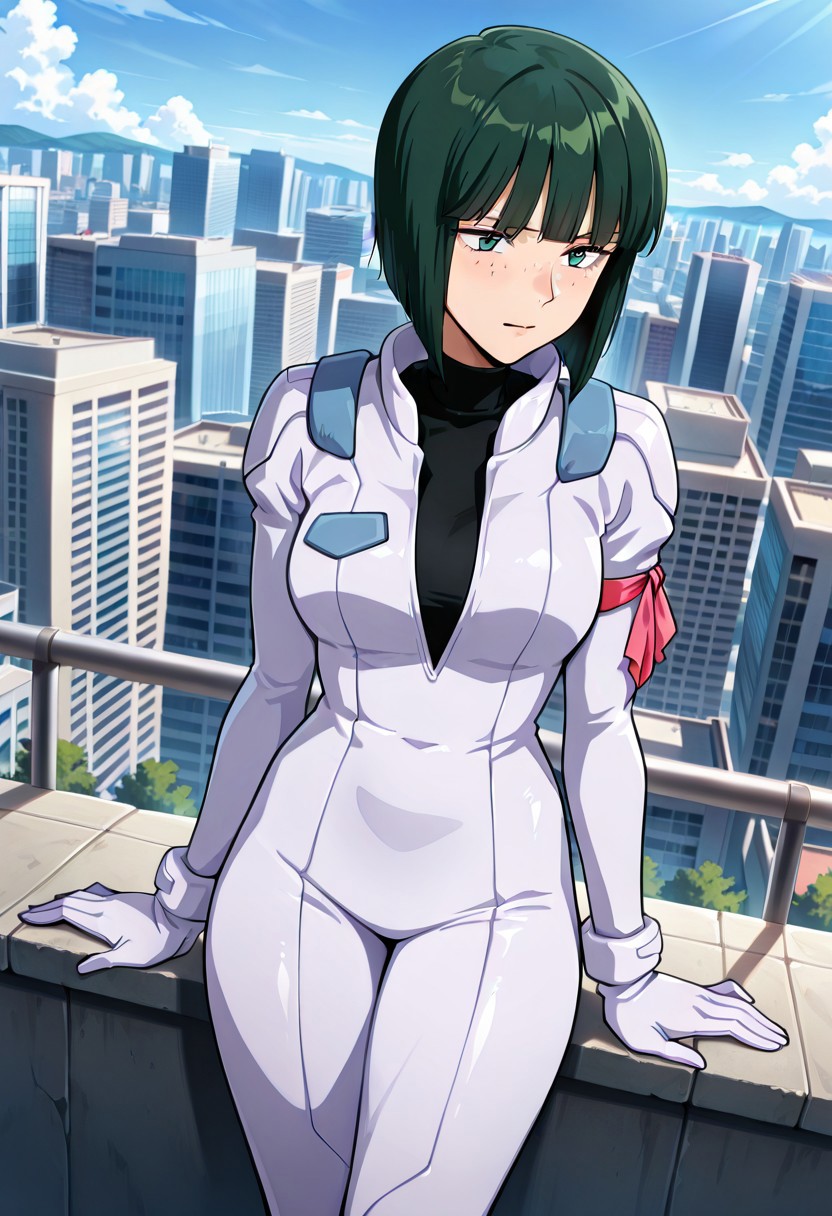 ((masterpiece, absurdres)), best quality, amazing quality, newest, 4k, anime coloring, very aesthetic, ray tracing, Smooth Quality, CG,city view,connie, 1 female, green hair, bob cut, freckles, pilotsuit, turtleneck t-shirt, arm ribbon,